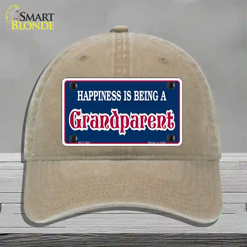 Happiness Being Grandparent Novelty License Plate Hat Unconstructed Cotton / Khaki