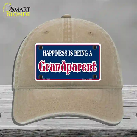 Happiness Being Grandparent Novelty License Plate Hat Unconstructed Cotton / Khaki