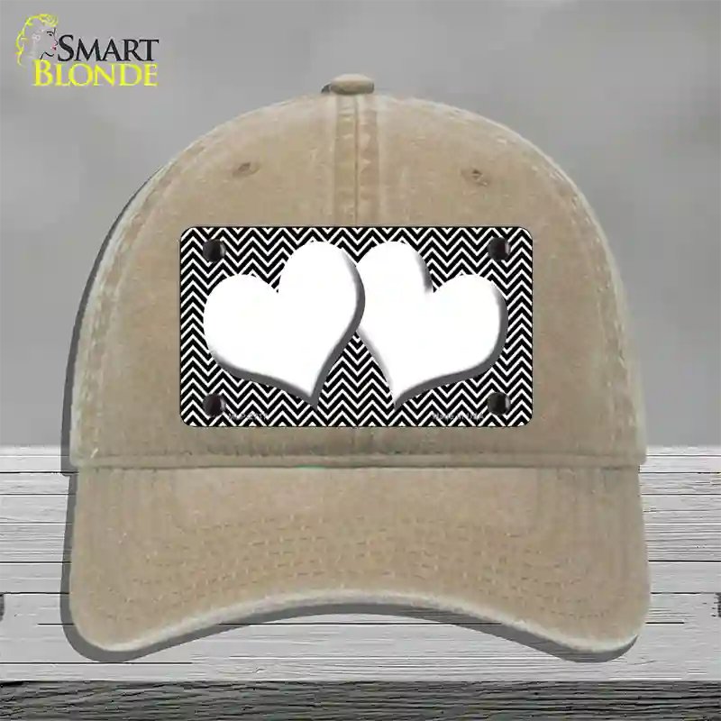 Black White Chevron White Center Hearts Novelty License Plate Hat Unconstructed Cotton / Khaki