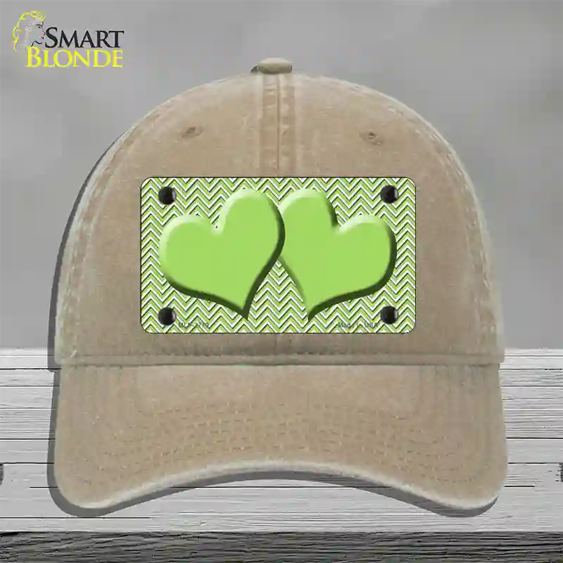 Lime Green White Chevron Lime Green Center Hearts Novelty License Plate Hat Unconstructed Cotton / Khaki