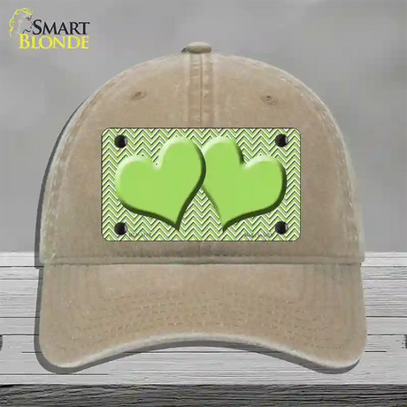 Lime Green White Chevron Lime Green Center Hearts Novelty License Plate Hat Unconstructed Cotton / Khaki