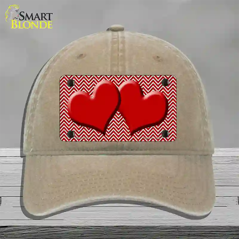 Red White Chevron Red Center Hearts Novelty License Plate Hat Unconstructed Cotton / Khaki