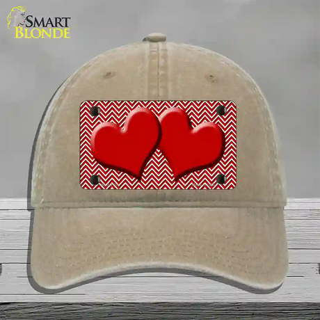 Red White Chevron Red Center Hearts Novelty License Plate Hat Unconstructed Cotton / Khaki