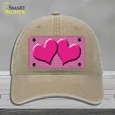 Pink White Chevron Pink Center Hearts Novelty License Plate Hat Unconstructed Cotton / Khaki