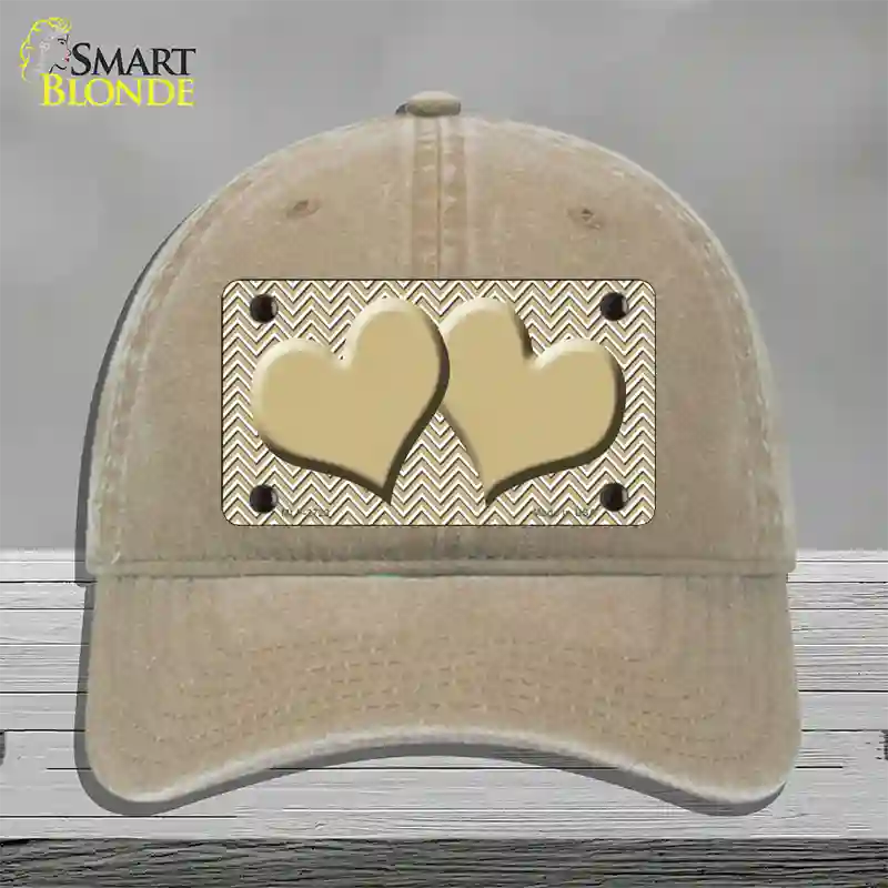 Gold White Chevron Gold Center Hearts Novelty License Plate Hat Unconstructed Cotton / Khaki