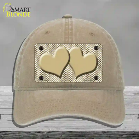 Gold White Chevron Gold Center Hearts Novelty License Plate Hat Unconstructed Cotton / Khaki