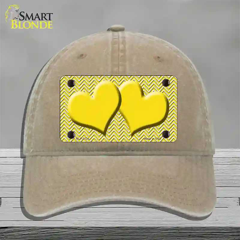 Yellow White Chevron Yellow Center Hearts Novelty License Plate Hat Unconstructed Cotton / Khaki