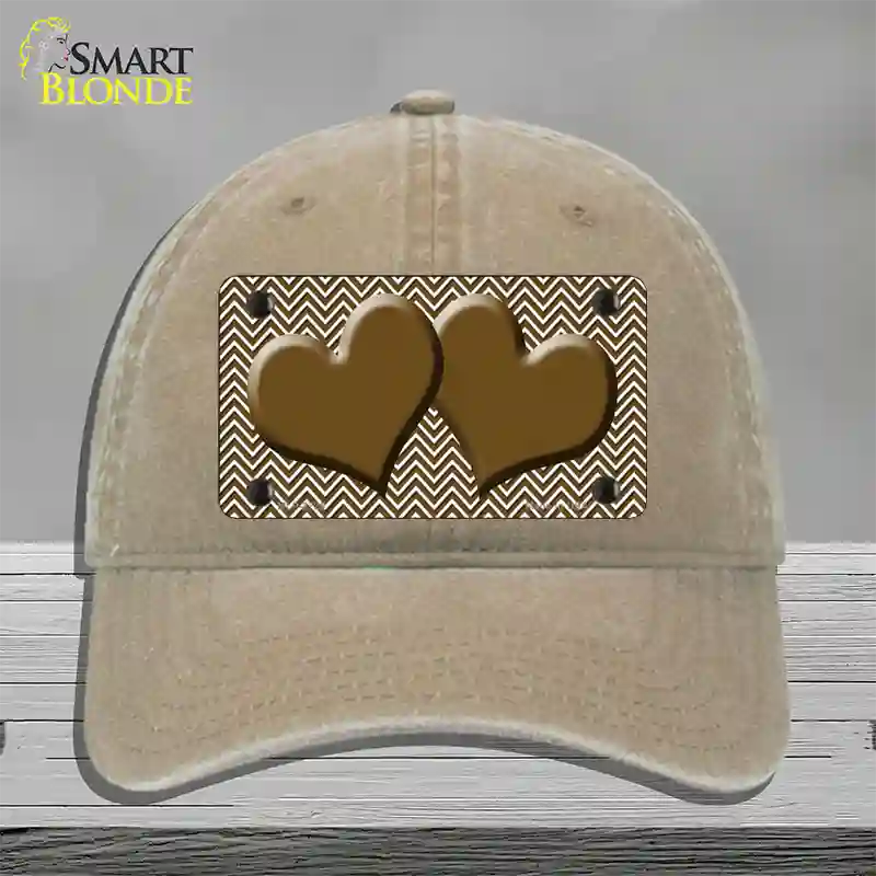 Brown White Chevron Brown Center Hearts Novelty License Plate Hat Unconstructed Cotton / Khaki