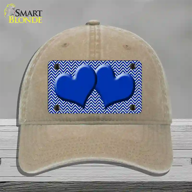 Blue White Chevron Blue Center Hearts Novelty License Plate Hat Unconstructed Cotton / Khaki