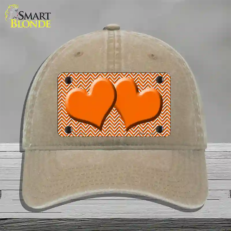 Orange White Chevron Orange Center Hearts Novelty License Plate Hat Unconstructed Cotton / Khaki