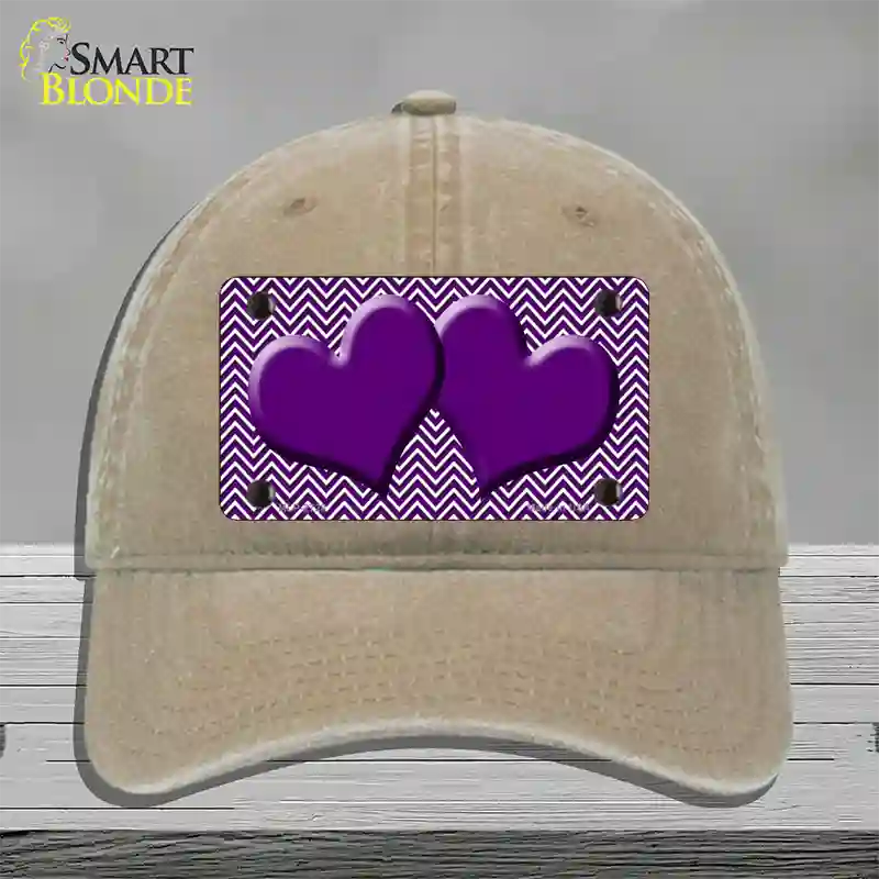 Purple White Chevron Purple Center Hearts Novelty License Plate Hat Unconstructed Cotton / Khaki