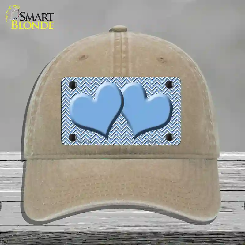 Light Blue White Chevron Light Blue Center Hearts Novelty License Plate Hat Unconstructed Cotton / Khaki