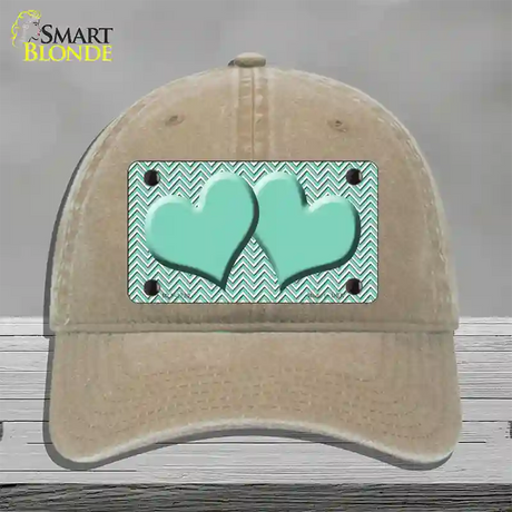 Mint White Chevron Mint Center Hearts Novelty License Plate Hat Unconstructed Cotton / Khaki