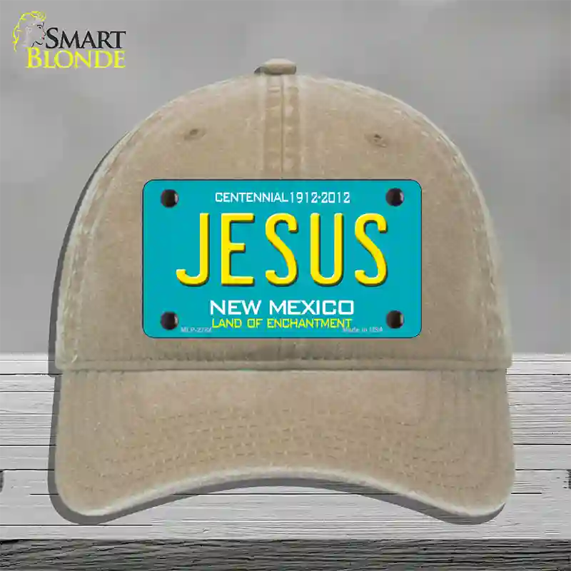 Jesus New Mexico Teal Novelty License Plate Hat Unconstructed Cotton / Khaki