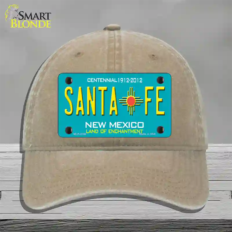 Santa Fe New Mexico Teal Novelty License Plate Hat Unconstructed Cotton / Khaki