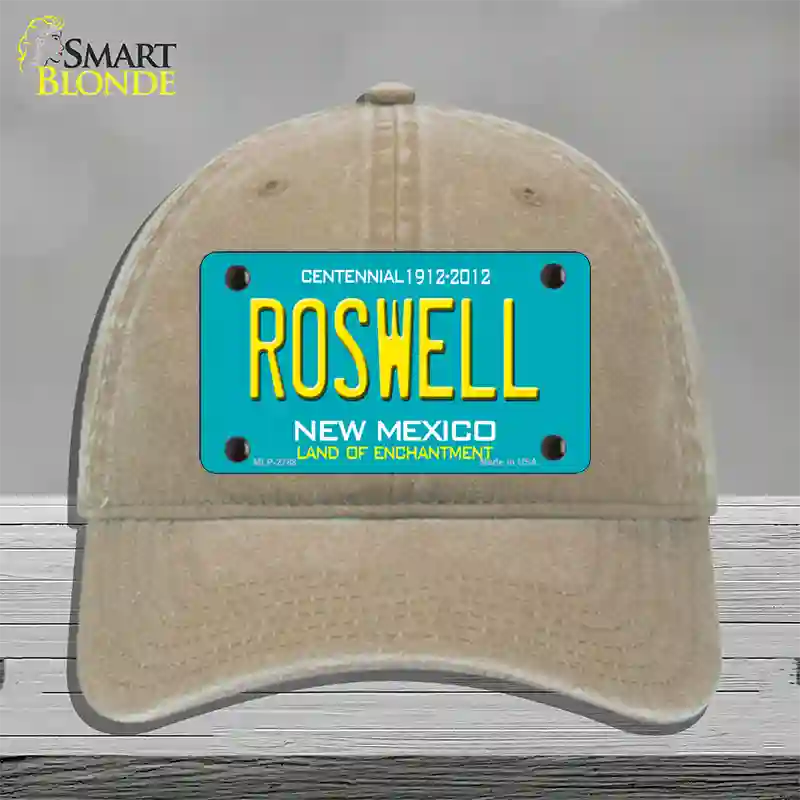 Roswell New Mexico Teal Novelty License Plate Hat Unconstructed Cotton / Khaki