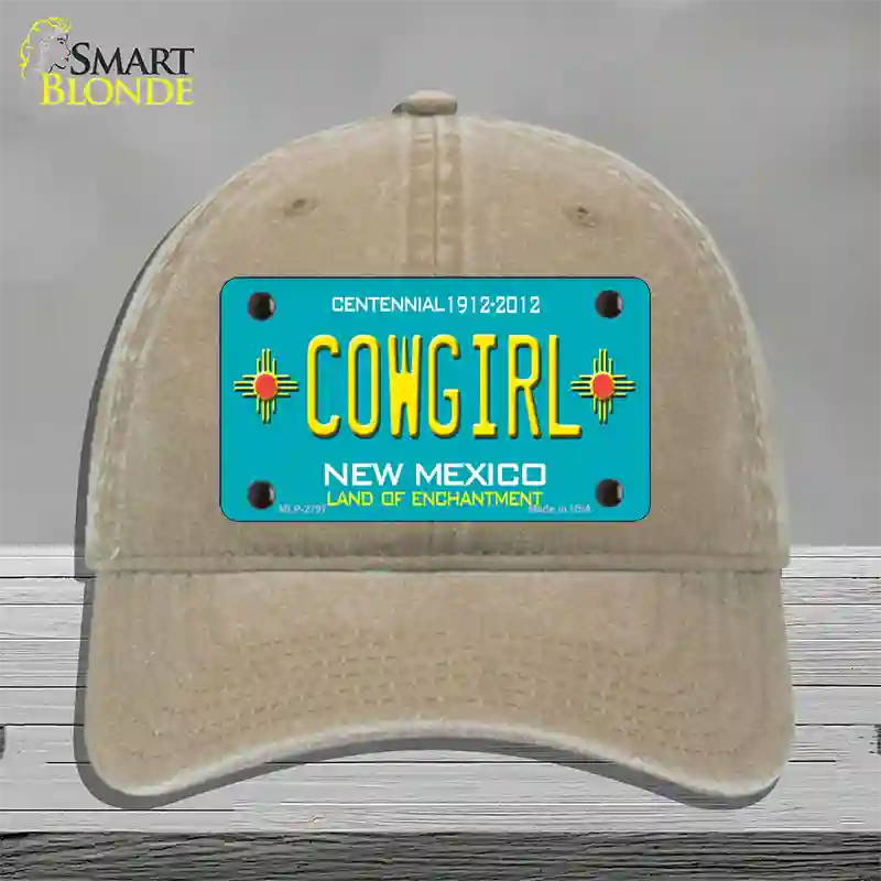 Cowgirl New Mexico Teal Novelty License Plate Hat Unconstructed Cotton / Khaki