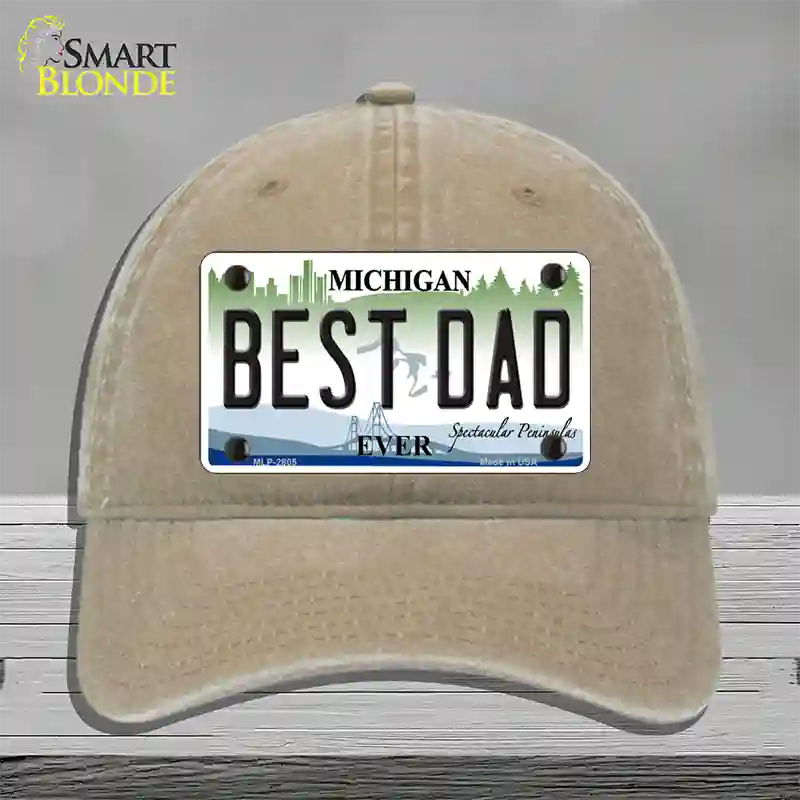 Best Dad Michigan State Novelty License Plate Hat Unconstructed Cotton / Khaki