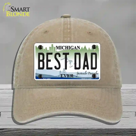 Best Dad Michigan State Novelty License Plate Hat Unconstructed Cotton / Khaki