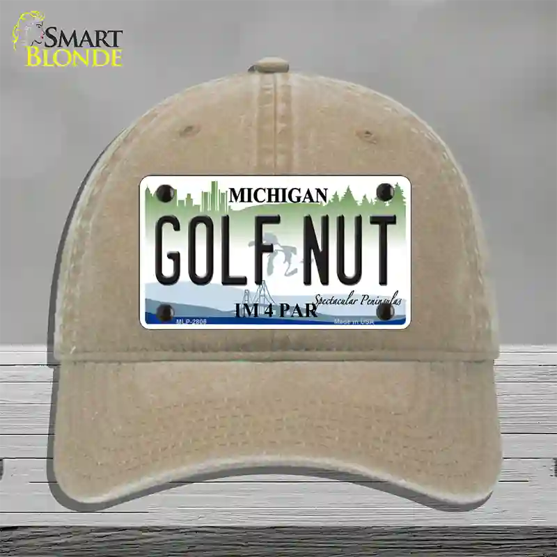 Golf Nut Michigan State Novelty License Plate Hat Unconstructed Cotton / Khaki