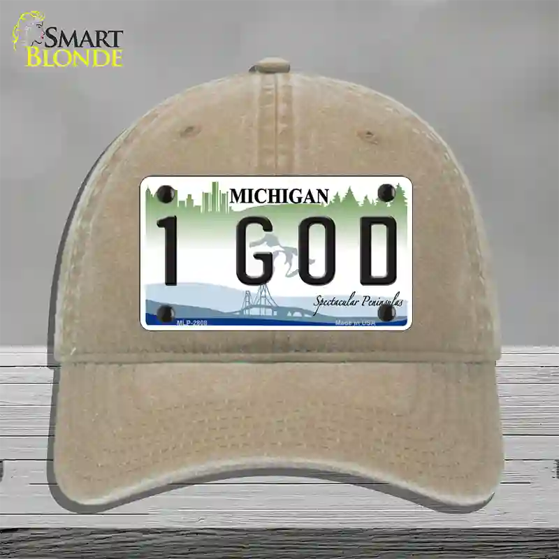 1 GOD Michigan State Novelty License Plate Hat Unconstructed Cotton / Khaki