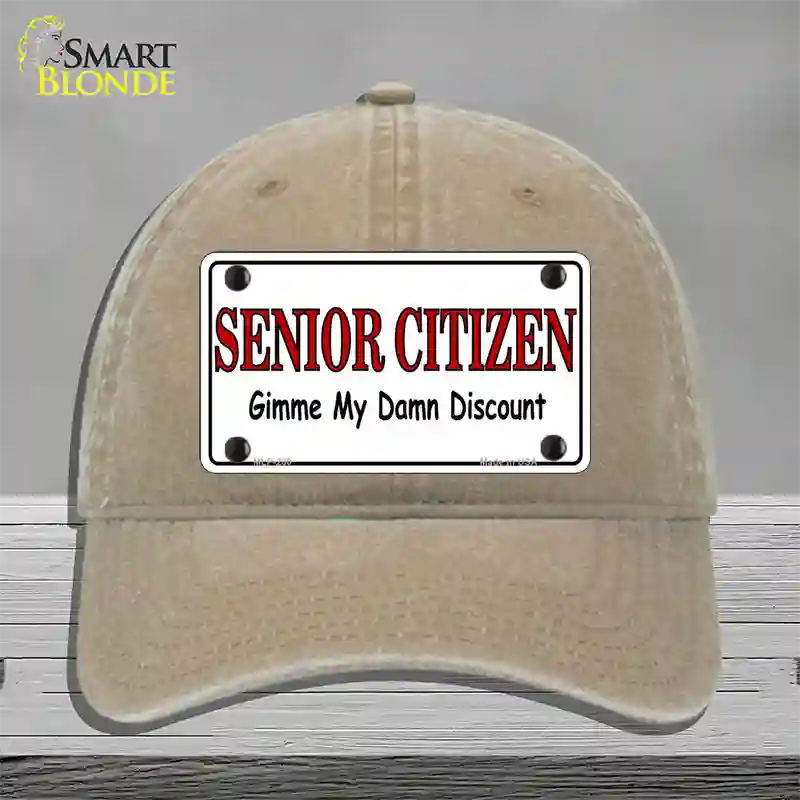 Senior Citizen Discount Novelty License Plate Hat Unconstructed Cotton / Khaki