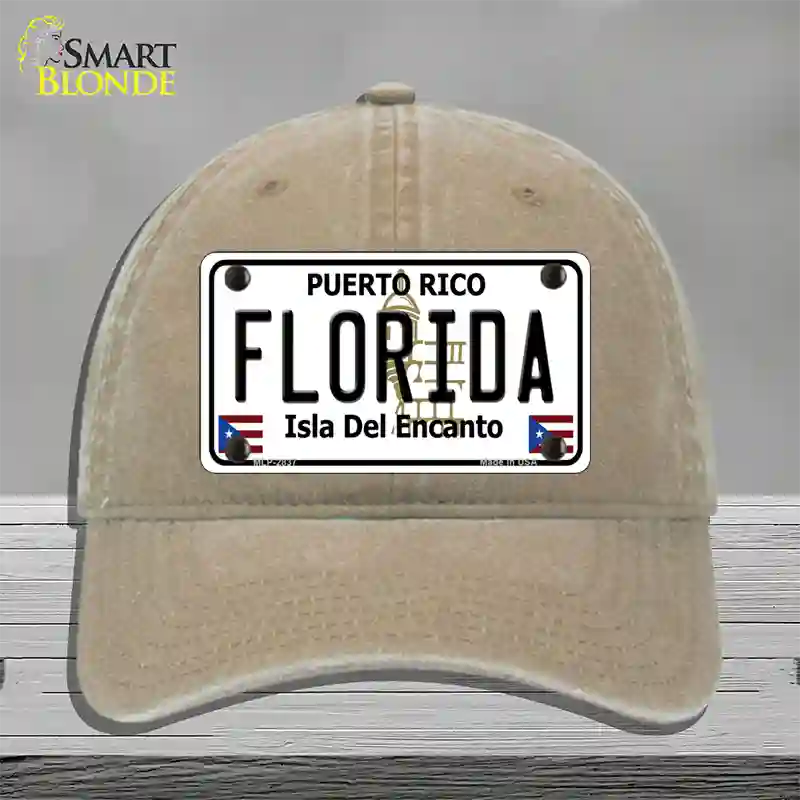 Florida Puerto Rico Novelty License Plate Hat Unconstructed Cotton / Khaki