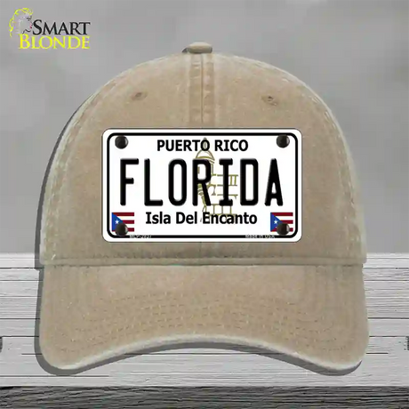 Florida Puerto Rico Novelty License Plate Hat Unconstructed Cotton / Khaki