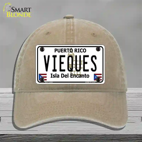 Vieques Puerto Rico Novelty License Plate Hat Unconstructed Cotton / Khaki