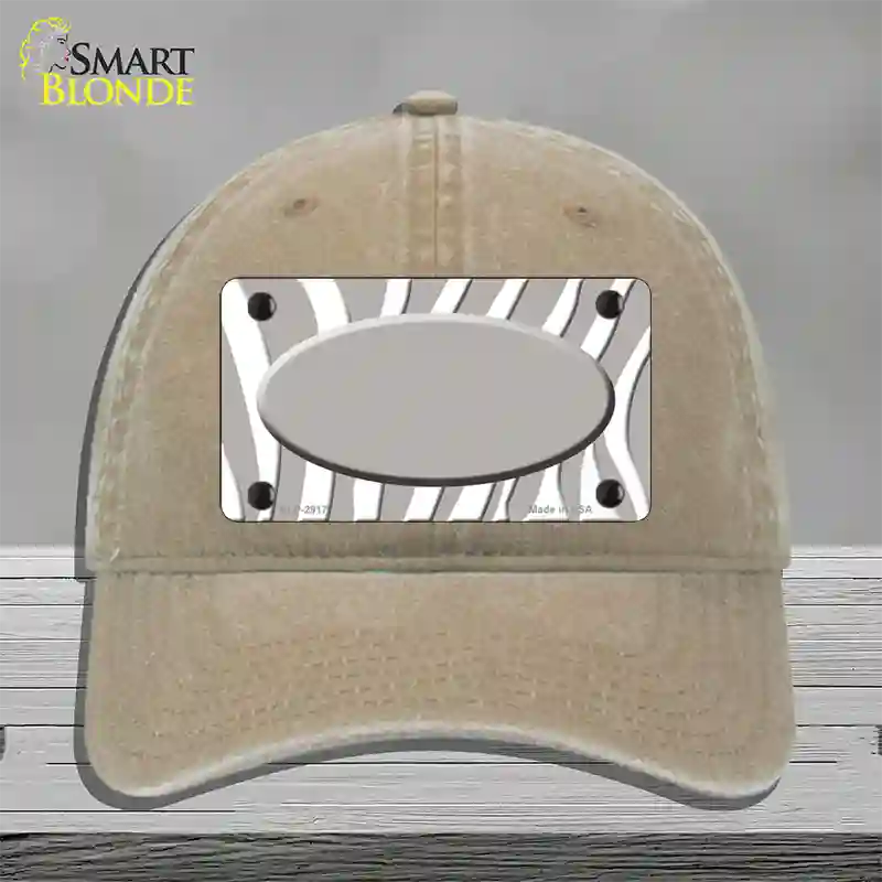 Grey White Zebra Grey Center Oval Novelty License Plate Hat Unconstructed Cotton / Khaki