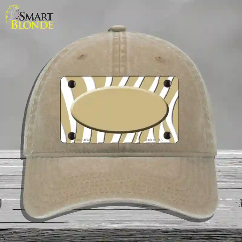 Gold White Zebra Gold Center Oval Novelty License Plate Hat Unconstructed Cotton / Khaki