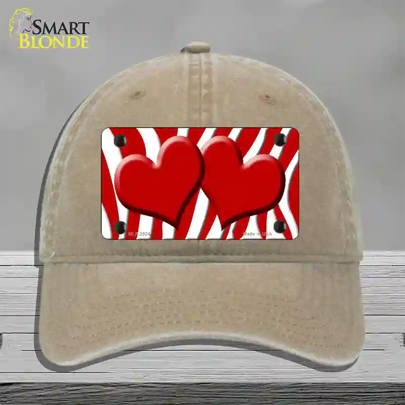 Red White Zebra Red Centered Hearts Novelty License Plate Hat Unconstructed Cotton / Khaki