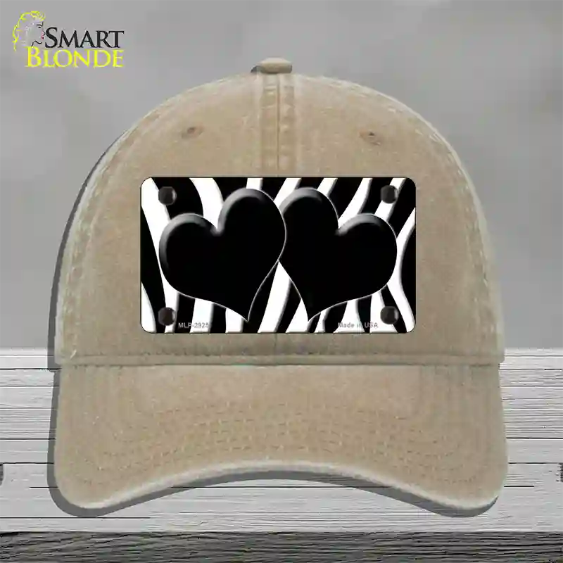 Black White Zebra Black Centered Hearts Novelty License Plate Hat Unconstructed Cotton / Khaki