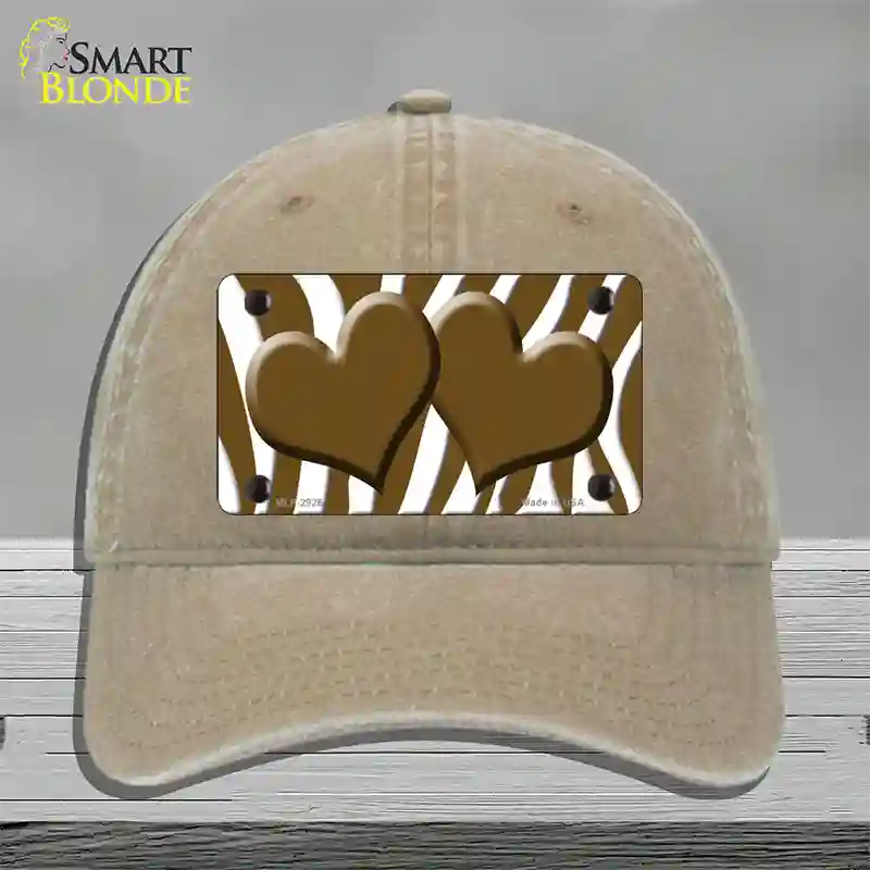 Brown White Zebra Brown Centered Hearts Novelty License Plate Hat Unconstructed Cotton / Khaki