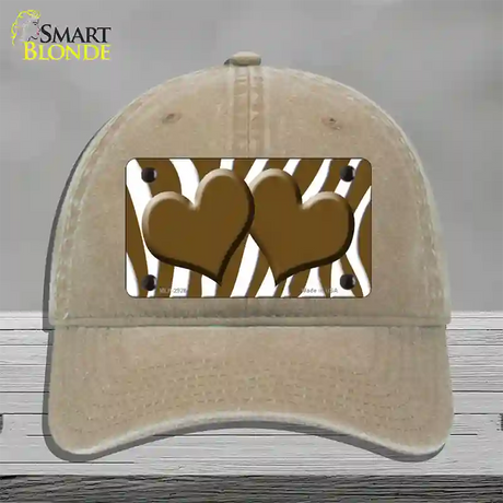 Brown White Zebra Brown Centered Hearts Novelty License Plate Hat Unconstructed Cotton / Khaki