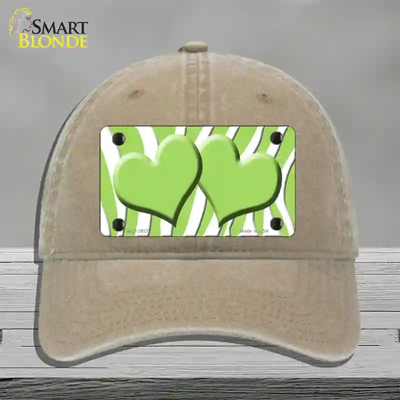 Lime Green White Zebra Lime Green Centered Hearts Novelty License Plate Hat Unconstructed Cotton / Khaki