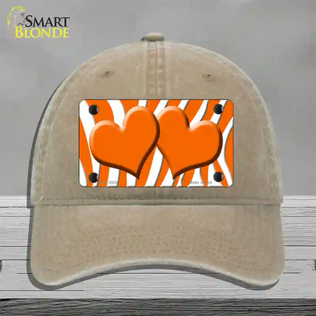 Orange White Zebra Orange Centered Hearts Novelty License Plate Hat Unconstructed Cotton / Khaki