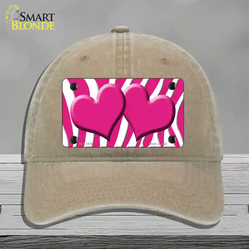 Pink White Zebra Pink Centered Hearts Novelty License Plate Hat Unconstructed Cotton / Khaki