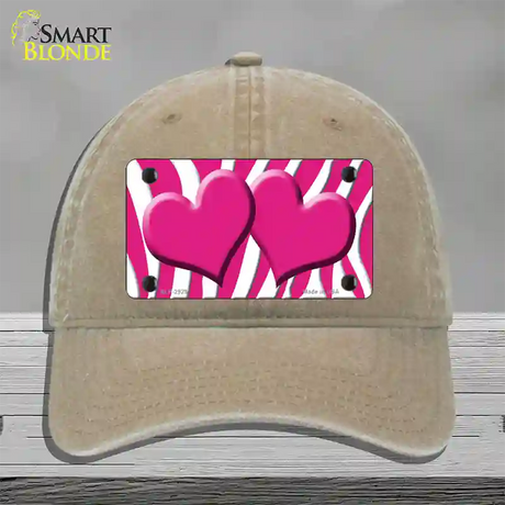 Pink White Zebra Pink Centered Hearts Novelty License Plate Hat Unconstructed Cotton / Khaki