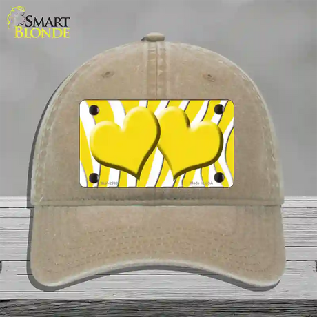 Yellow White Zebra Yellow Centered Hearts Novelty License Plate Hat Unconstructed Cotton / Khaki