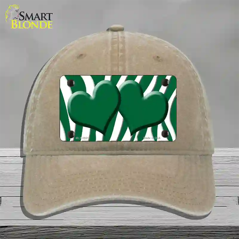 Green White Zebra Green Centered Hearts Novelty License Plate Hat Unconstructed Cotton / Khaki