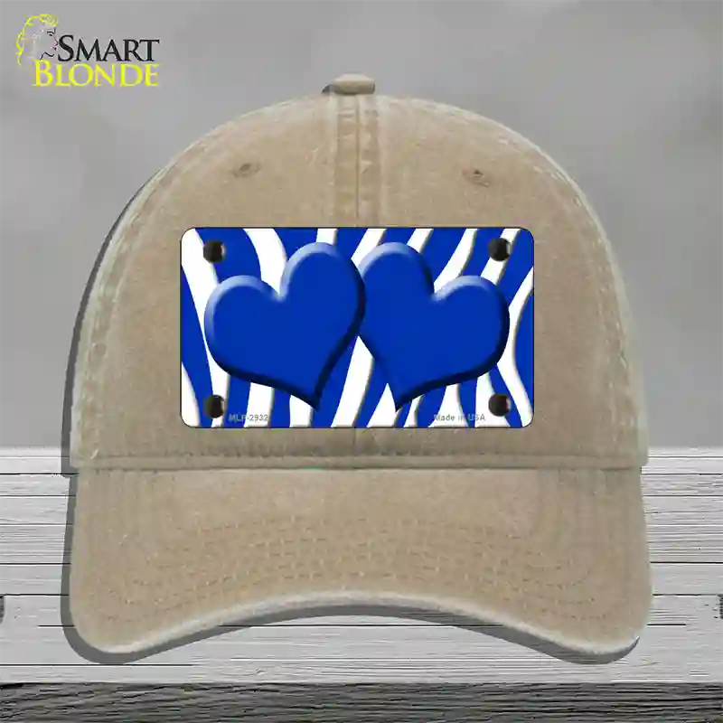 Blue White Zebra Blue Centered Hearts Novelty License Plate Hat Unconstructed Cotton / Khaki