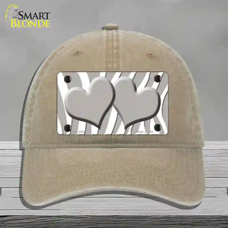 Grey White Zebra Blue Centered Hearts Novelty License Plate Hat Unconstructed Cotton / Khaki