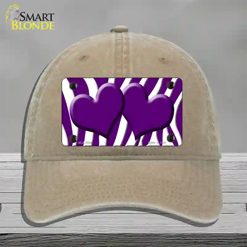 Purple White Zebra Purple Centered Hearts Novelty License Plate Hat Unconstructed Cotton / Khaki