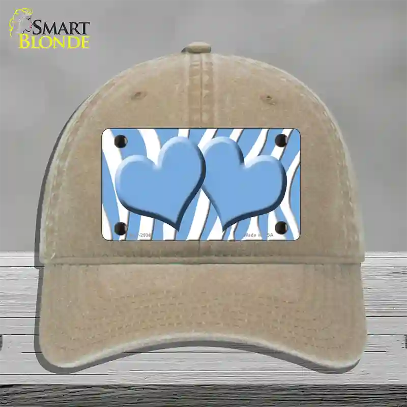 Light Blue White Zebra Light Blue Centered Hearts Novelty License Plate Hat Unconstructed Cotton / Khaki