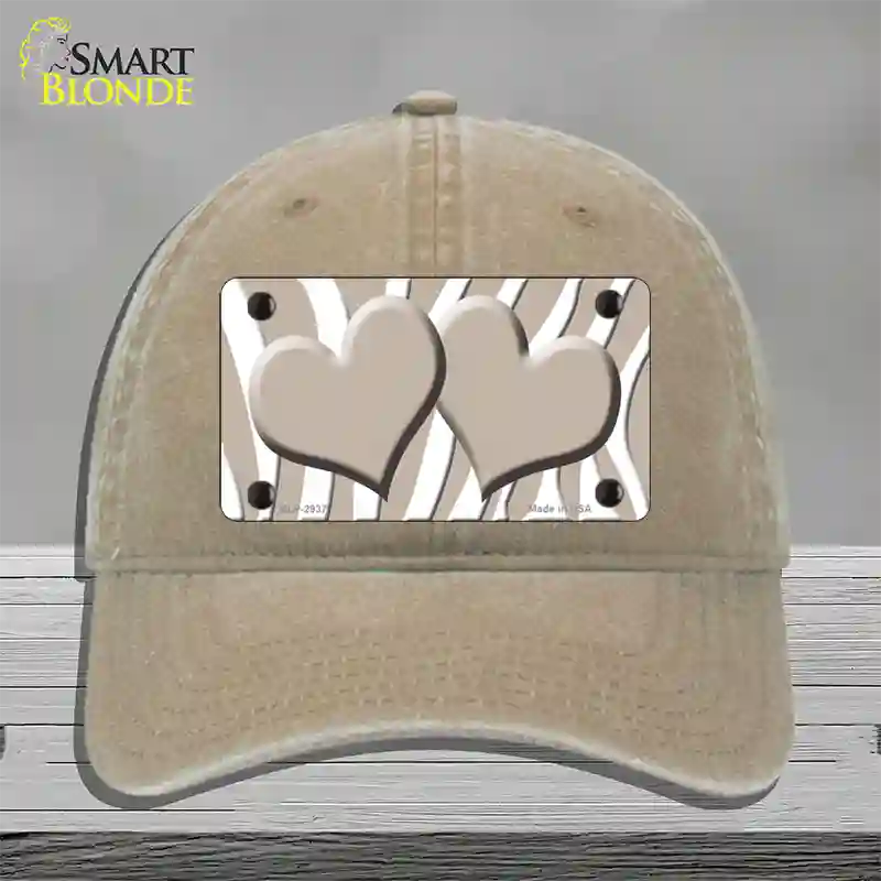 Tan White Zebra Tan Centered Hearts Novelty License Plate Hat Unconstructed Cotton / Khaki