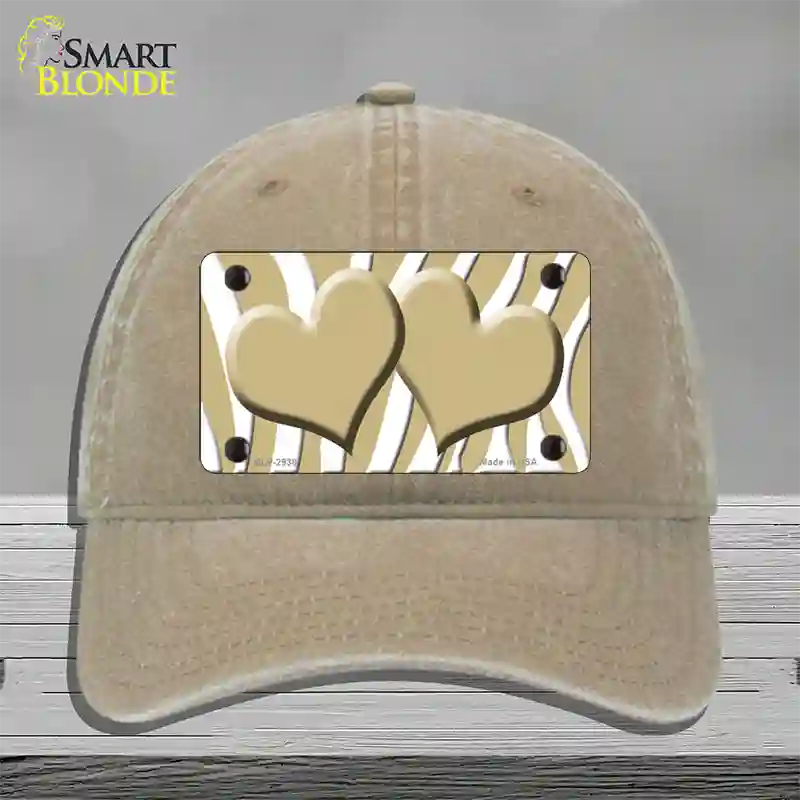 Gold White Zebra Gold Centered Hearts Novelty License Plate Hat Unconstructed Cotton / Khaki