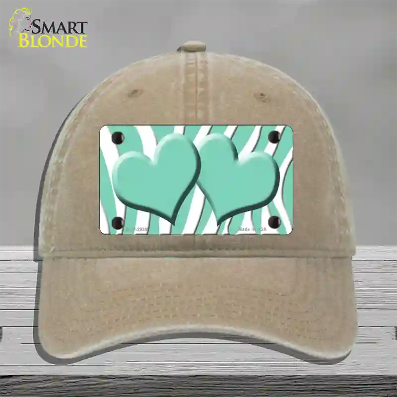 Mint White Zebra Mint Centered Hearts Novelty License Plate Hat Unconstructed Cotton / Khaki