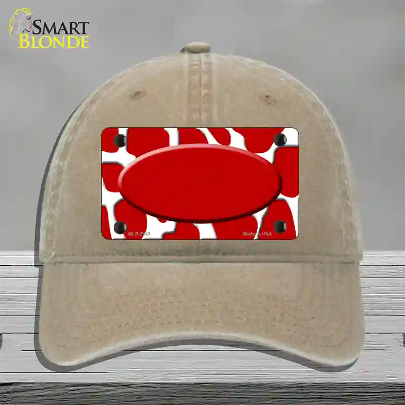 Red White Giraffe Red Center Oval Novelty License Plate Hat Unconstructed Cotton / Khaki