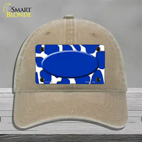 Blue White Giraffe Blue Center Oval Novelty License Plate Hat Unconstructed Cotton / Khaki